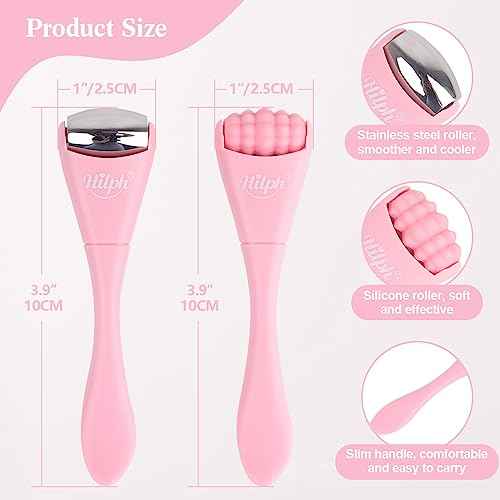 Hilph 2 Pack Mini Ice Roller for Face & Eyes, Portable Eye Roller Set with Stainless Steel and Silicone Head for Puffiness, Puffy Eyes, Facial Massage Tool, Self Care Gifts for Women, Pink