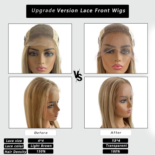 Upgrade - Highlight Straight Lace Front Wig human Hair Wig for Women,13*4 Lace Human Hair Wigs 100% Remy Virgin Hair Ombre Blonde HD Lace Wig,Pre Plucked with Baby Hair 150% Density (8/18/60)