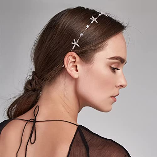 3pcs Rhinestone Starfish Headbands Handmade Pearl Seashell Mermaid Headbands Crystal Hair Hoops Bridal Headpiece Vine Tiara Halloween Beach Wedding Hair Accessories for Bride Women Silver Gold