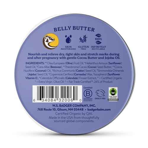Badger Belly Butter, Organic Stretch Mark Cream for Pregnant Belly, Rich Hypoallergenic Moisturizing Organic Cocoa Butter & Coconut Body Butter for Women, 2 oz Tin