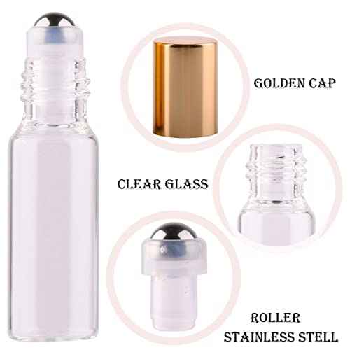MaxMau Pack of 100,5ml Clear Glass Roll on Bottle Essential Oil Roller Bottles with Stainless Steel Roller Balls and Golden Painted Lids for Daily Aromatherapy Sample Test Travel