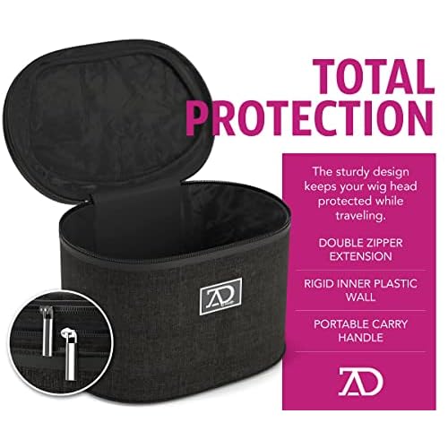 Wig Travel Case - 8"-12" High Wig Box with Collapsible Wig Stand - Dome Foam Wig Head Stand in Zipper Carrying Case w/Handle for Safe Traveling Storage of Wigs, Lace Front Cap, Toupee (Denim Black)