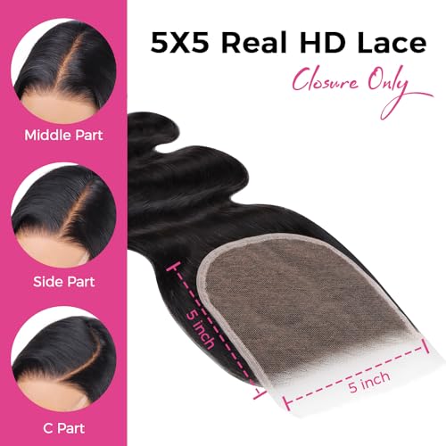 Lashey 5x5 SKINLIKE Real HD Lace Closure Body Wave, 0.10mm Ultra-Thin Human Hair Closure Pre Bleached Knots Pre Plucked Invisible Hairline 14 Inch Natural Black
