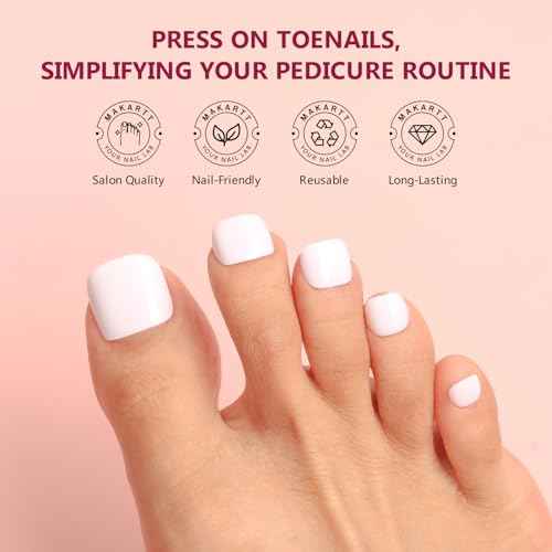 Makartt Press on Toenails: Short Glossy White 24PCS Fake Nails with Glue, Natural Fit for Women, Includes Adhesive Tabs, Stick, and File, Pedicure Set for Home Salon