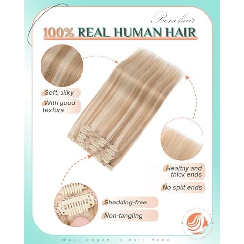 Benehair Clip in Hair Extensions Real Human Hair 22inch Double Weft Golden Brown Mixed Bleach Blonde Hair Extensions Clip in Human Hair Lace Weft Straight Hair Extensions Clip ins 7pcs 130g #12P613
