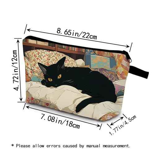 Cat Present Black Cosy Cat Makeup Bag Cute Small Organizer Bag with Zipper Floral Black Cat Kitten On Bed Cosmetic Bag Birthday Present for Cat Lovers Women Friends