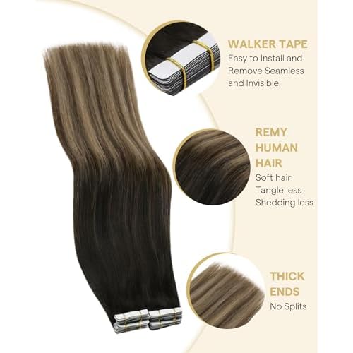 Ve Sunny Tape in Hair Extensions Real Human Hair Invisible Remy Human Hair Straight Tape Ins Double Sided Natural Black Ombre Dark Brown Balayage Ash Blonde 24 inch 20Pcs 50G