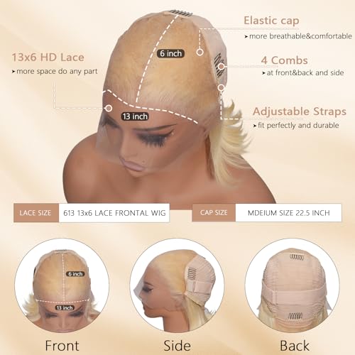 Blonde Bob Wig Human Hair 180 Density 613 Straight Bob Wig Pre Plucked With Baby Hair Brazilian Virgin 14 Inch 613 Bob Wig Human Hair 13x6 Lace Front Wig For Women Heat-Friendly For Coloring