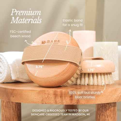 Bare Botanics Dry Body Brush for Lymphatic Drainage - Improve Circulation w/Gentle Exfoliation for Soft Skin - Ergonomically Designed w/Elastic Strap - Soft but Firm Natural Boar Bristles
