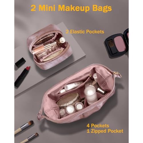 Wedama Makeup Bag Gift for Women, Double-layer Cosmetic Bag with Jewelry Storage and Brush Holder 3 Pcs Velvet Makeup Organizer Bag Gift Set Travel Toiletry Bag for Women Girls, Pink
