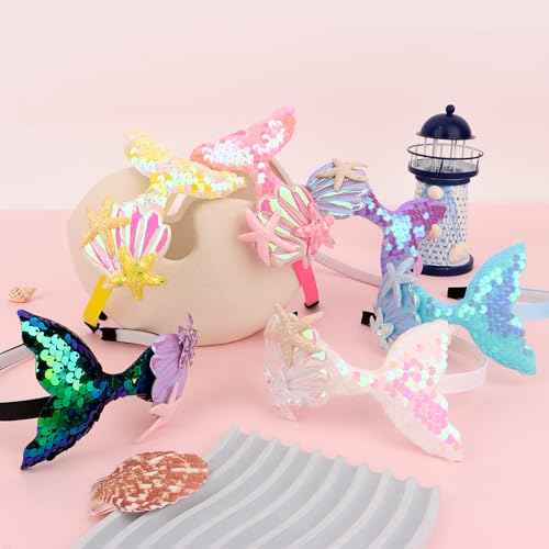 6Pcs Mermaid Headbands for Girls Fish Tail Hair Band for Women White Pink Blue Purple Yellow Multi-colored Headbands Seashell Ocean Theme Cute Headband