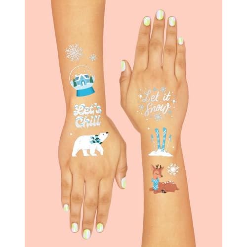 xo, Fetti Winter Christmas Party Temporary Tattoos - 50 Silver Foil Styles | Merry Christmas Party Favors, Stocking Stuffer, Christmas Eve Gift, Xmas Tree + Lights, Santa, Snow, Holiday Accessory