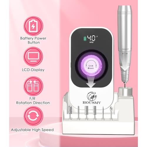 Portable Nail Drill Electric File: 40000RPM Professional Rechargeable Nail E-File Machine, Cordless Nail Drill with Bits & Base for Acrylic Nails Remove Nail Gel Polish Manicure for Salon Home, White