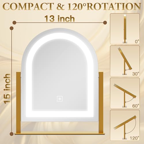 Lighted Makeup Mirror with 3-Color Dimmable Lighting, with Removable 10x Magnifier, Smart Touch Control, 360¡Æ Rotation, 15" x 13" Hollywood Vanity Mirror for Tabletop Desk (Gold)