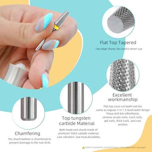 Flat Top 5 in 1 Nail Drill Bit Professional Tungsten Carbide Cross Tapered Nail Bits 3/32" 2 Way Electric File Nail Drill Accessories Manicure Gel Polish Removal Tool XF