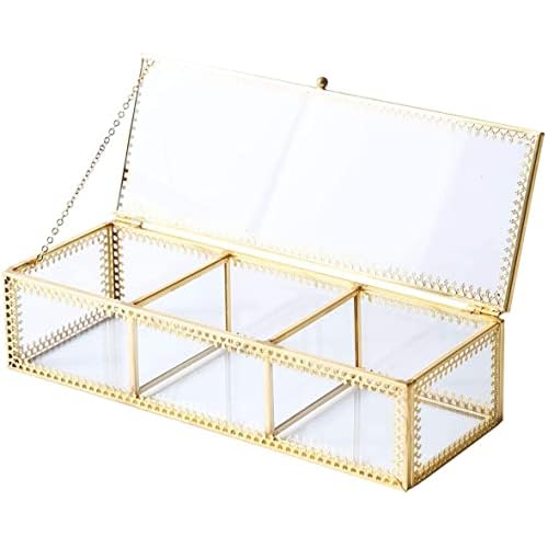 3 Compartment Golden Vintage Glass Jewelry Box, Lidded Clear Glass & Brass Metal Organizer Storage for Cosmetic Makeup, Beauty Display with Decorative Lace