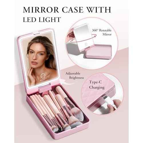 Makeup Brushes with Case, 20PCs Travel Makeup Brush Set, Foundation Concealer Blush Eyeshadow Brush Set Contour Powder Eyebrow Eyelash Brush Kit with Led Light Mirror Holder & 2 Powder Puff-Pink