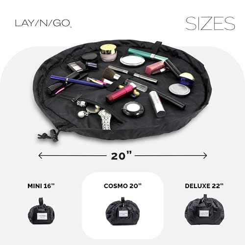 Lay-n-Go Cosmo Layflat Drawstring Cosmetic & Makeup Bag Organizer - Portable Drawstring Bag w/Zipper Pocket, Makeup Loops & More - Durable, Machine Washable Toiletry Bag for Travel (20", Black)