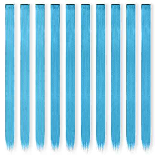FESHFEN Colored Clip in Hair Extensions - 10 PCS Skyblue Light Blue Highlighted Hair Piece Straight Synthetic Clip in Hairpieces for Women 22 inch