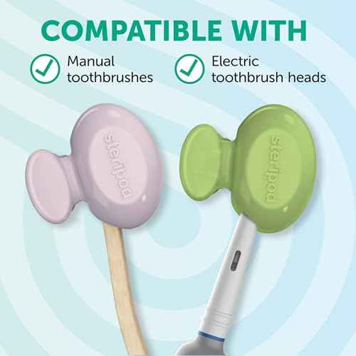 Steripod Clip-on Toothbrush Protector, Green/Silver, 2 Count