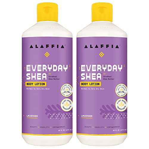 Alaffia Everyday Shea Body Lotion - Normal to Very Dry Skin, Moisturizing Support for Hydrated, Soft, and Supple Skin with Shea Butter and Lemongrass, Fair Trade, Lavender, 2 Pack - 16 Fl Oz Ea