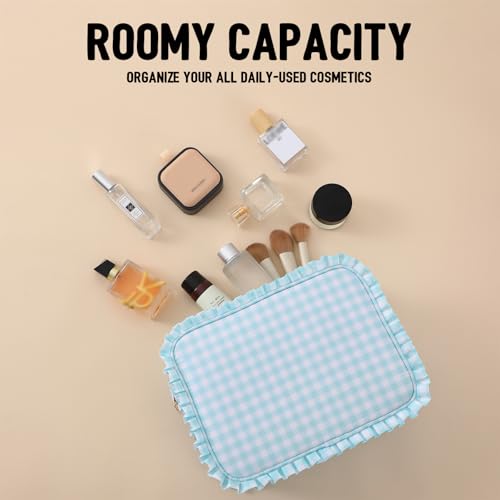 Gingham Ruffle Makeup Bag,Large Travel Cute Cosmetic Bag for Women Girls,Toiletry Bag Make up Organizer 10.8 x 4.5 x 8 inch (Mint Gingham)