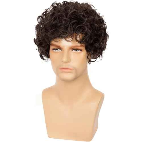 Mens Brown Curly Wig Short Fluffy Rocker Wigs Synthetic Costume Halloween Cosplay Hair Wigs for Male Guys