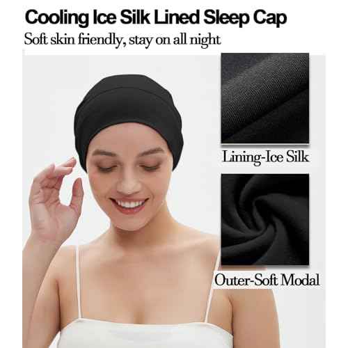 Sleep Cap Bonnet for Sleeping Black Women, Soft Cooling Ice Silk Lined Bonnet for Curly Braids Hair Slouchy Beanie Night Cap
