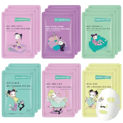 Face Masks Skincare Set for Girl,Moisturizing Collagen Facial Masks for Women Home Spa,Hyaluronic Acid Face Mask for All Skin Types,Day Night Facial Mask Hydrating,Deep Cleaning,Oil Contral(18Pack)