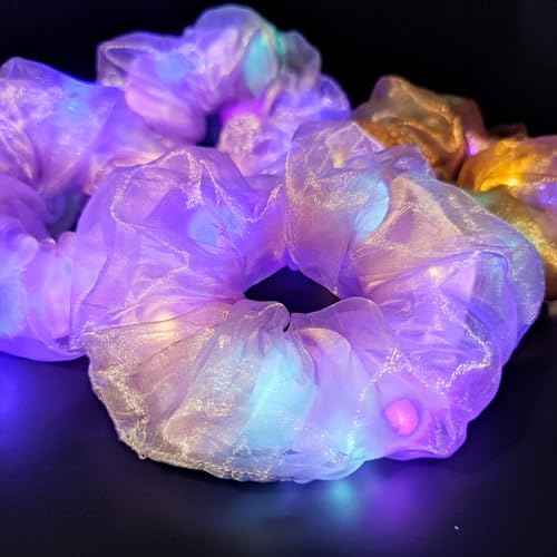 Light Up Scrunchies, Easter Gifts Scrunchy Hair Ties Glow in the Dark Party Supplies Glow Sticks Party Favor Festival Rave Accessories for Neon Party, Fun Hair Scrunchies (4Pcs-Purple+brown)