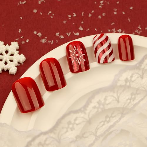 24 Pcs Christmas Red Press on Nails Short Square - LINMEIZAI Xmas French Fake Nails Press ons Nail Art Tips Glue on Nails Full Cover Acrylic False Nails with Glossy Snowflake Stripes Design for Women
