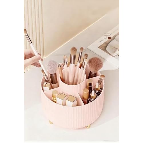 360 Degree Rotating Desktop Organizer, Makeup Brushes, Pencils, Desktop Stationery Storage Rotating Rack, Premium Plastic Organizer For Office, School And Home (5 Slots, Pink)