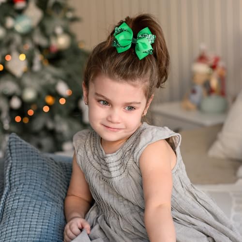 4" Glitter Christmas Green Hair Bow Clips Girls Sparkly Ribbon Sequin Bow Cheer Barrettes Alligator Hairpins for Teens Toddler Kids St Patrick's Day Easter outfit Dress Decor Accessories Gift