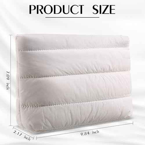 Hillban Puffy Quilted Makeup Bag Quilted Cosmetic Bag Cute Puffer Toiletry Checkered Pouch Aesthetic Travel Makeup Brushes Organizer(White,Classic Stripes)