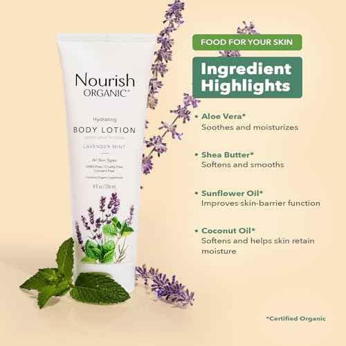 Nourish Organic Body Lotion, Lavender Mint ? Hydrating Body Lotion for Dry Skin with Certified Organic Aloe Vera, Shea Butter, Coconut Oil & Cocoa Butter (8 Oz) + Washable Cotton Round