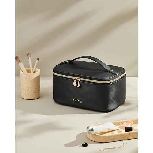 Prite Makeup Bag Portable Cosmetic Organizer with Brush Holder Waterproof Travel Toiletry Bag for Women with Handle and Divider (Black)
