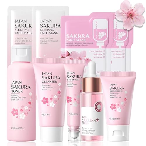 9PCS Japan Sakura Skin Care Set, Sakura Skin Care For Teens 10-12, Skincare For Girls 10-12, Teen Skin Care Kits For Girls Ages 11-14 With Toner,Cleanser,Eye Serum,Face Serum,Face Cream