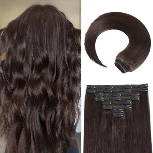 Dark Brown Clip in Hair Extensions, 24 Inch 120g, 2 Dark Brown Hair Extensions Real Human Hair, Invisible Seamless Remy Human Hair Clip Extensions for Women 8pcs Per Set with Double Weft
