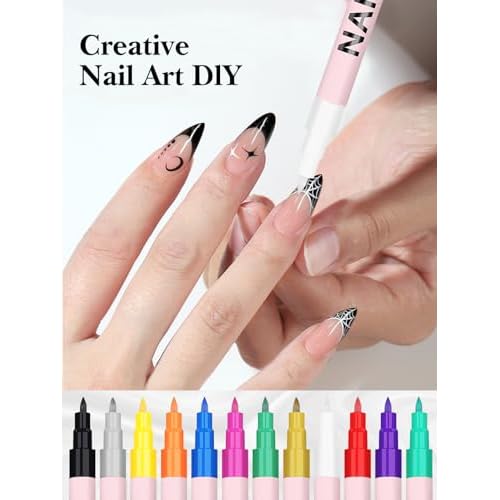 EBANKU 12 Colors Nail Art Pens Set, 3D 0.7MM Nail Polish Pens Quick-Drying Nail Art Acrylic Paint Nail Point Dotting Liner Pen Tools for Home & Salon Nail DIY