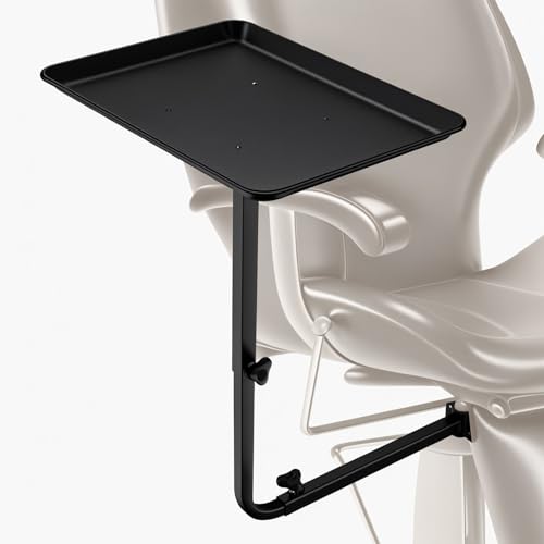 Modern Salon Chair Tray, 360 Rotatable Metal, Black, Depth: 17.7 inches, Width: 28.3 inches, Height: 23.6 inches, Adjustable Height, Foldable Arm Rest, Hair Styling, Beauty Services