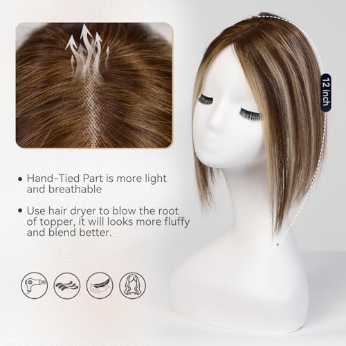 starluck Hair Toppers for Women Real Human Hair No Bangs 3.5"*4"Hand-Tied Swiss Lace Base 12in 100% Remy HumanHair Topper for Women with ThinningHair(T4/27/4#)
