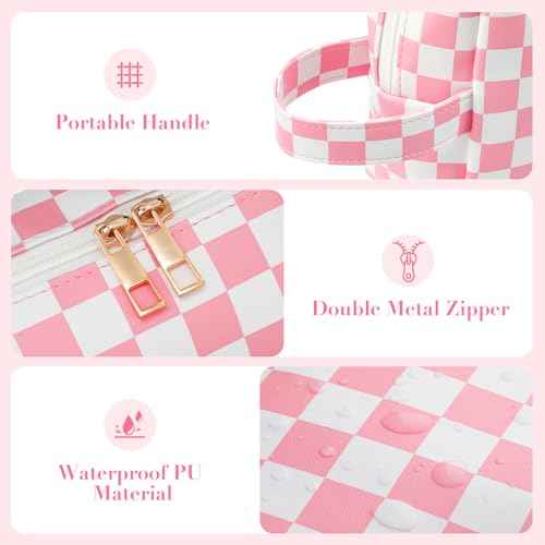 2Pcs Makeup Bag for Women, Large Checkered Cosmetic Bags with Small Makeup Brushes Bag Set, Cute Leather Make Up Orgnizer with Zipper, Travel Skincare Toiletry Storage Bag for Teens Girls Gifts(Black)