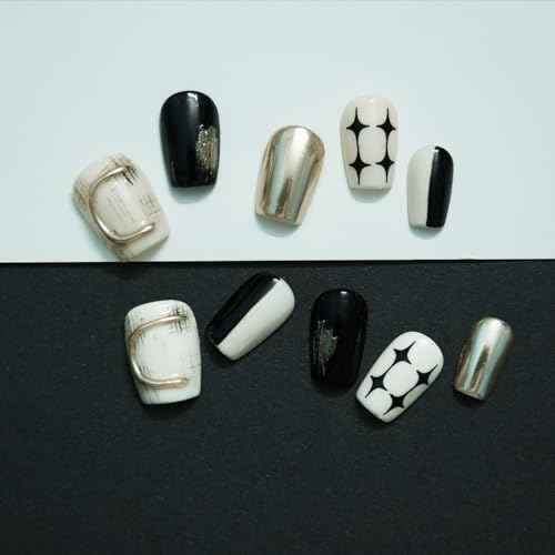 Trendy Press On Nails Black White Gold - 3D Short Square Nails Metallic Glitter Glossy Reusable Gel Press on Acrylic Fake Nail for Daily Nail Art (Starry Glow,M)