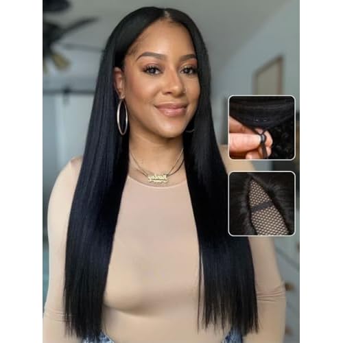Beauty Forever EasiContour V Part Wigs Human Hair Yaki Straight Upgrade U Part Wigs Glueless Full Head Clip In Half Wig V Shape Drawstring Wigs No Leave Out Natural Color 150% Density 18inch