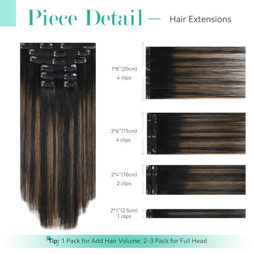 Ukira Balayage Hair Extensions Real Human Hair, 16 Inch 120g 7pcs Natural Black to Chestnut Brown Human Hair Clip in Extensions, Soft Natural Straight Clip in Hair Extensions Real Human Hair