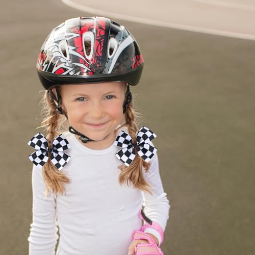 2Pc Racing Checkered Flag Hair Bow Clips 4 inch Girls Women Black White Buffalo Plaid Ribbon Pigtail Bow Barrettes Race Fan Hair Accessories Car-Themed Birthday Party Gift