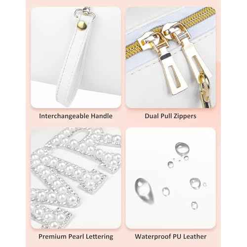 Fmeida MRS Patch Makeup Bag Bride Small Cosmetic Bag for Purse with Pearl Rhinestone Patches White PU Leather Detachable Handle Bride to be Gifts for Bachelorette Party Wedding Bridal Shower