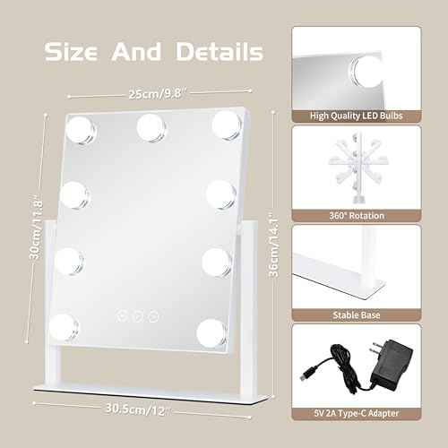 Vanity Mirror with Lights, Makeup Mirror with Lights,3 Color Lighting Modes Detachable 10X Magnification Mirror Touch Control,360¡ÆRotation, White.