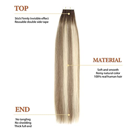 Lovrio Tape in Hair Extensions Human Hair Color Walnut Brown Roots to Light Chestnut Brown with Bleach Blonde 22 Inch 50g Real Hair Extensions Tape in Extensions 20pcs