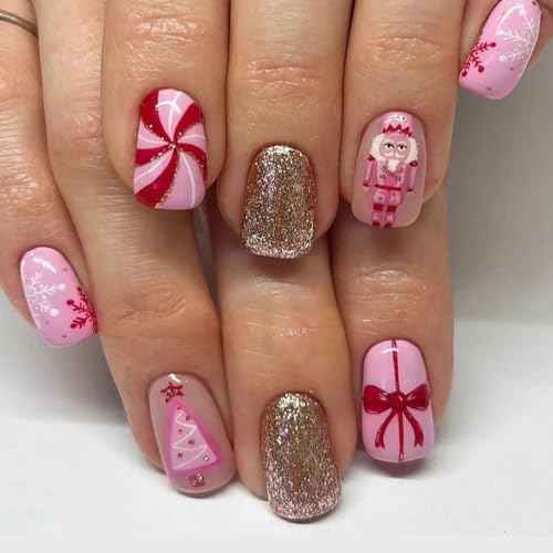 24 Pcs Pink Christmas Press on Nails Short Square Fake Nails Christmas False Nails with Candy Cartton Designs Glitter Xmas Nails Press ons Square Nail Artificial Acrylic Stick on Nail for Women